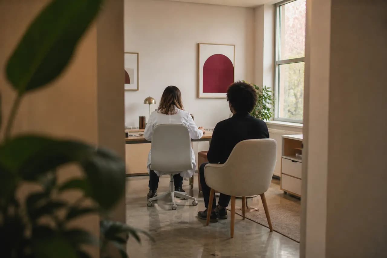 A clinician and a patient talking in a consultation room